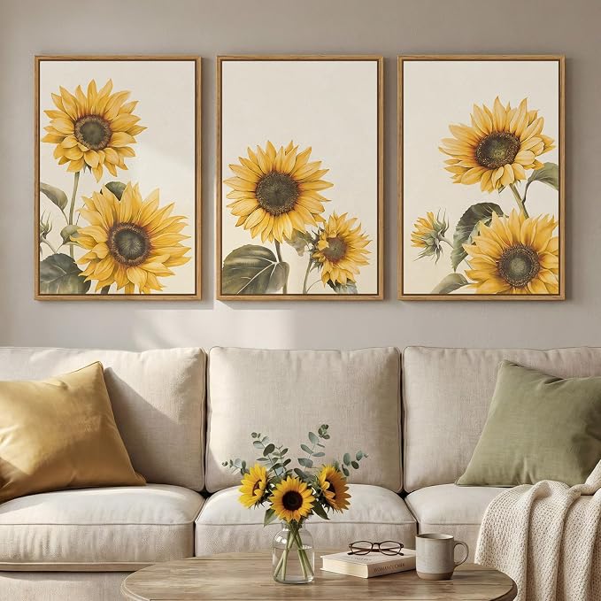 3 Piece Large Framed Floral Sunflower Wall Art - Image 2