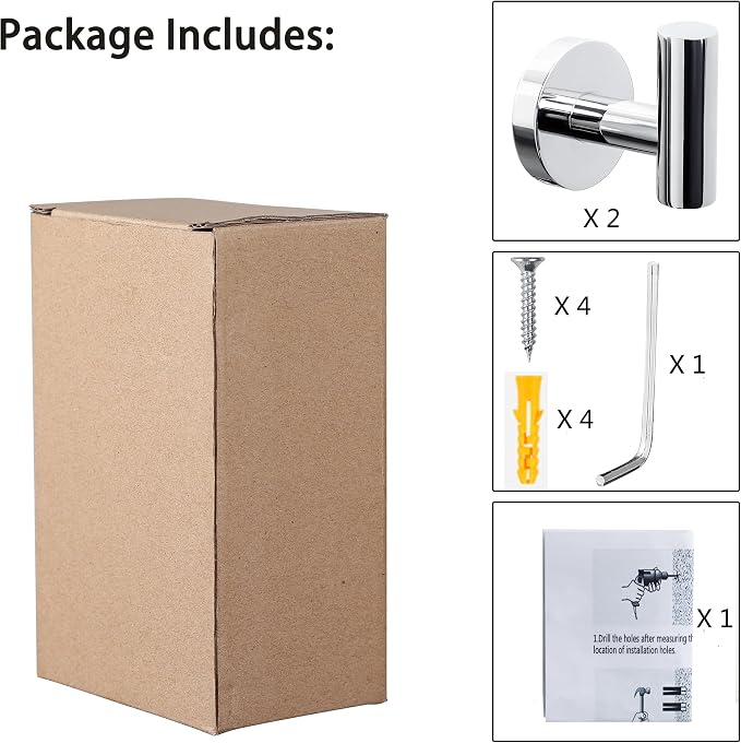 Towel Hooks for Bathroom 2 Packs Screw- in Chrome Finish Wall Mount Towel - Image 6