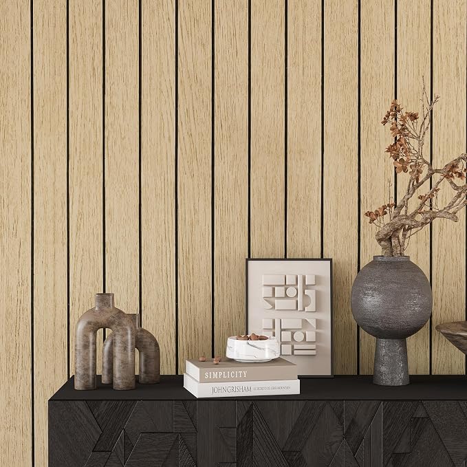 VEELIKE Light Oak Wood Wall Panels Peel and Stick Foam Slat Wallpaper - Image 7