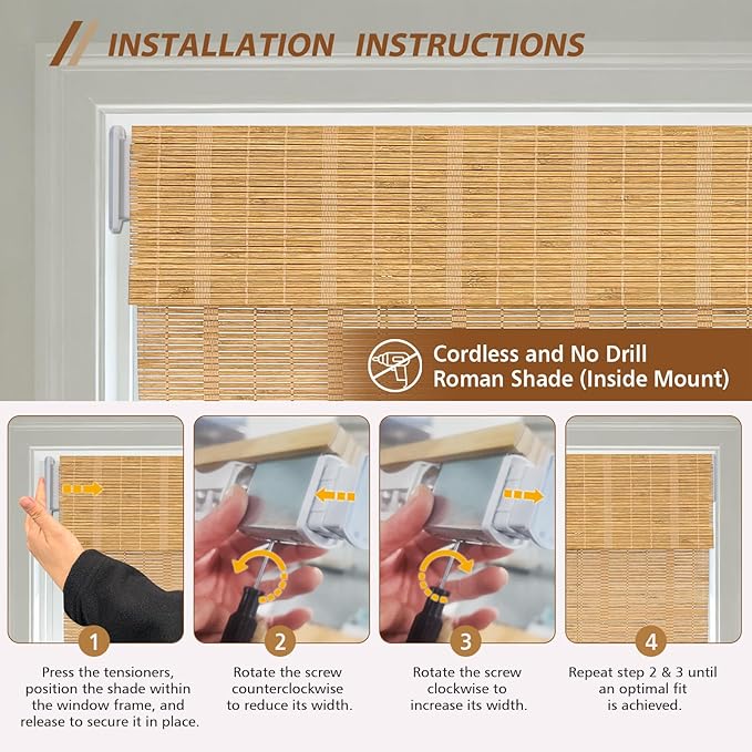 Letau No Drill No Tools Cordless Wood Window Shades Blinds, Bamboo Light - Image 5