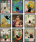 SEHSUVC Funny Black Cat Canvas Wall Art Set of 9, Vintage Van Gogh Black Cat by Unknown