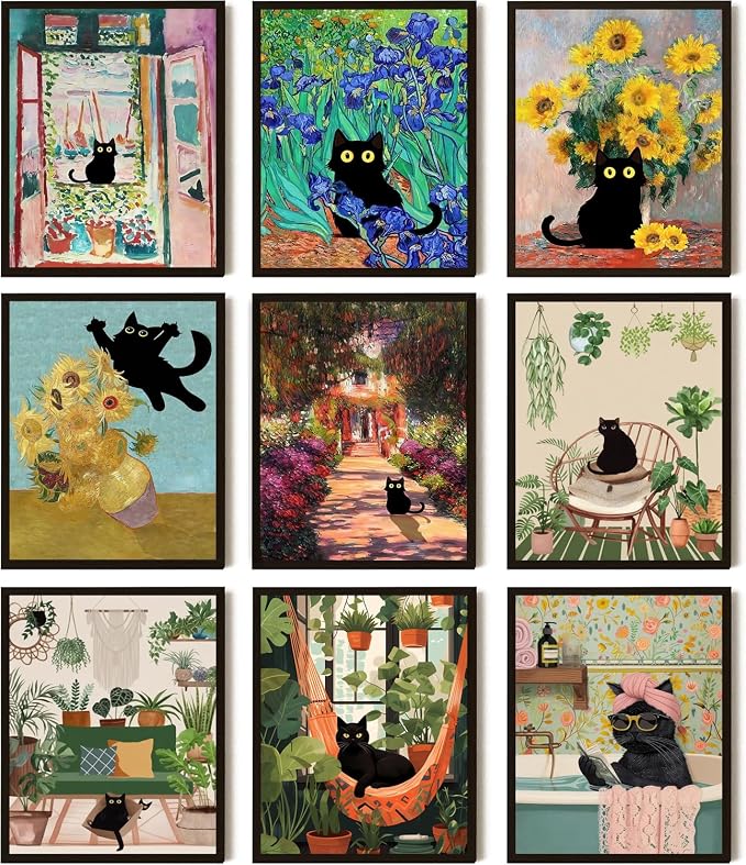 SEHSUVC Funny Black Cat Canvas Wall Art Set of 9, Vintage Van Gogh Black Cat by Unknown