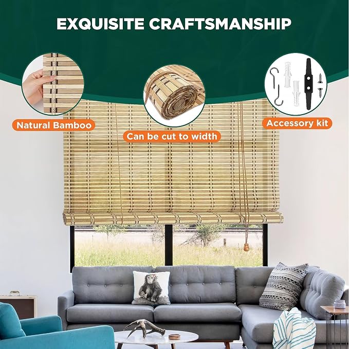 Bamboo Blinds for Interior Windows, Custom Roller Shades for Indoor Window and - Image 3