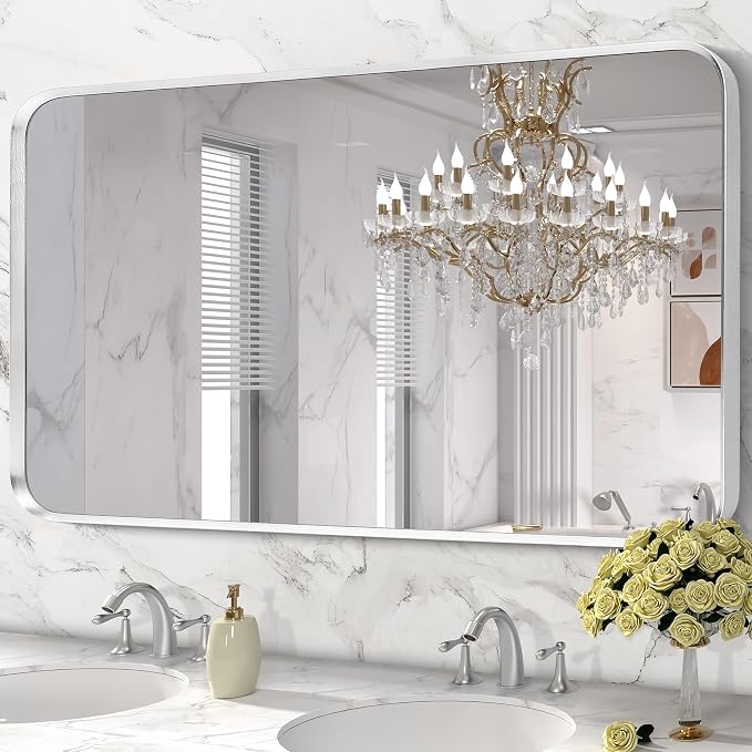 Brushed Nickel Bathroom Wall Mirror, Tempered Glass, Shatter Proof, Hangs - Image 4