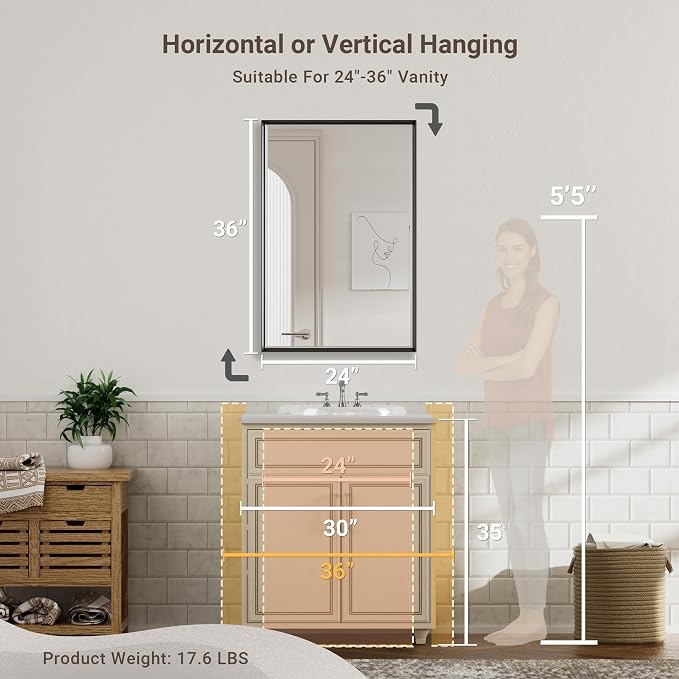 Black Framed Mirror for Bathroom, 24x36 Inch Black Rectangle Beveled Bathroom - Image 2