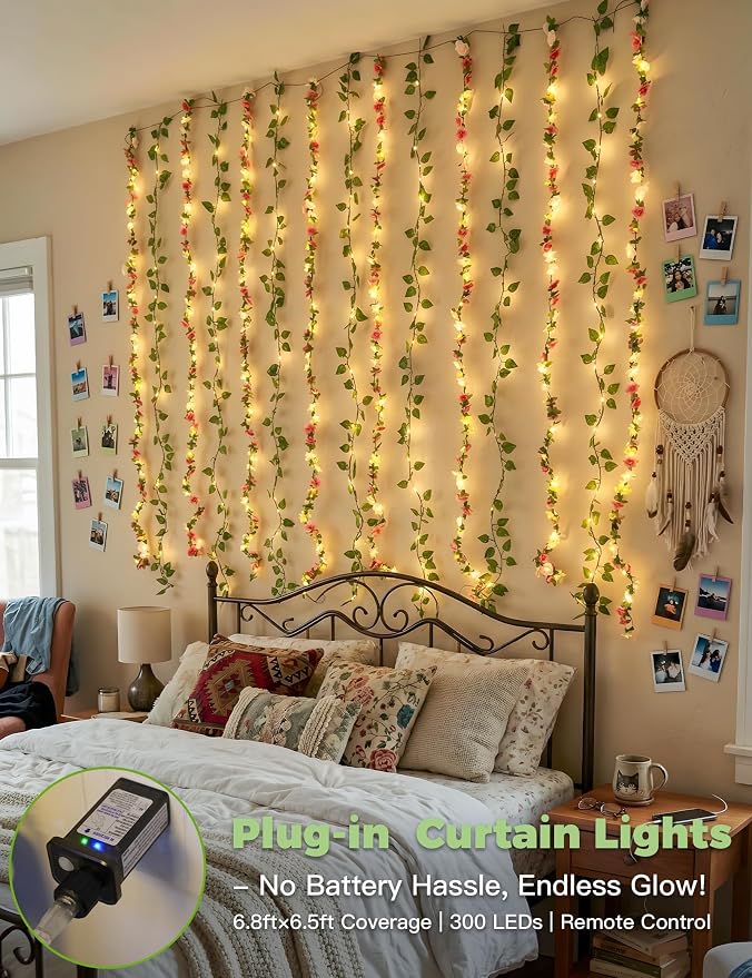 suddus 300 LED Artificial Flower Garland Pothos Vines Curtain Lights, Rose - Image 2