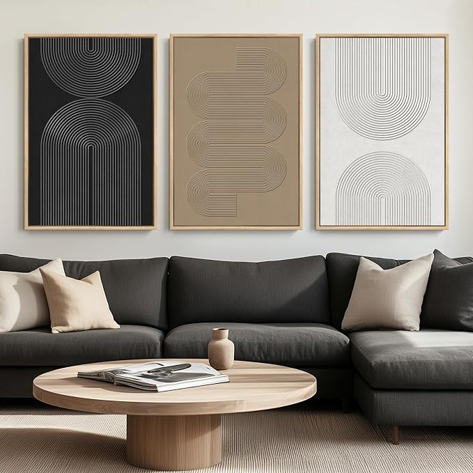 Large Framed Black and White Neutral Abstract Wall Art, 3 Piece Minimalist by Cuspin