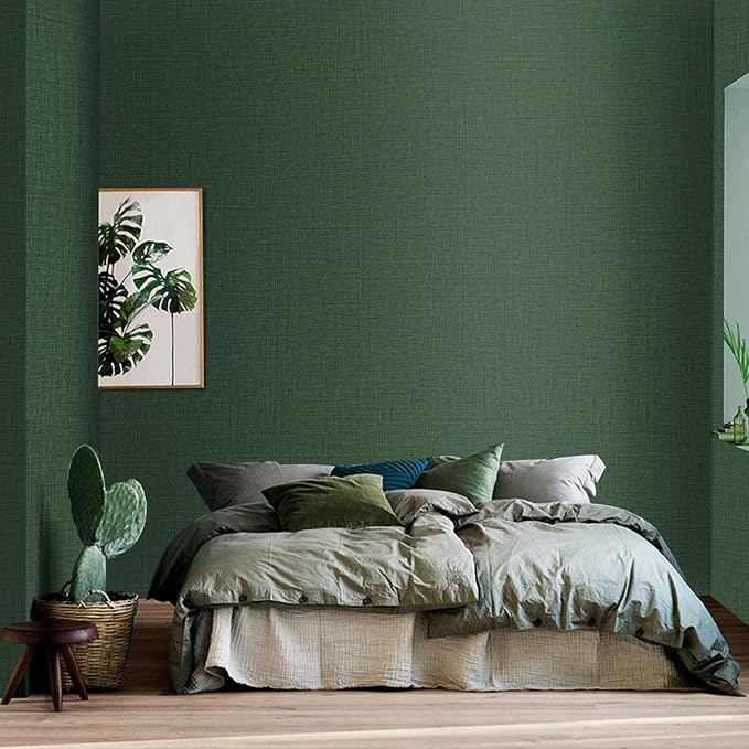 TANONE Dark Green Contact Paper Peel and Stick, Grasscloth Wallpaper Self - Image 2