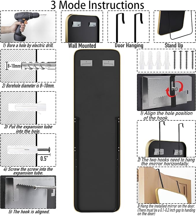 SCWF-GZ 57x16 Door Hanging Full Length Mirror, Floor Stand Wall Mounted Metal - Image 8