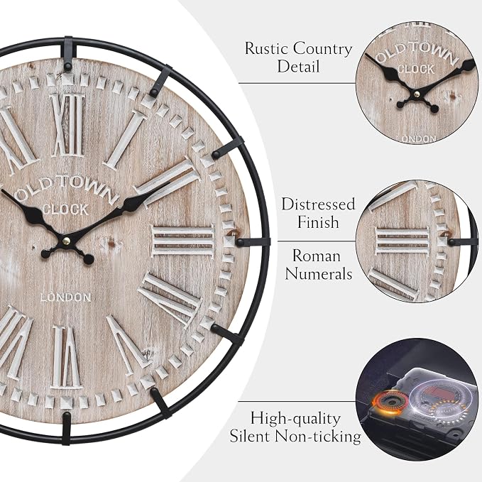 EMAX HOME 12 Inch Farmhouse Wall Clock Rustic Antique Wood - Image 7