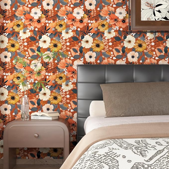 BOKEBEVE Extra Long Orange Wallpaper Stick and Peel Boho Floral Contact Paper - Image 3