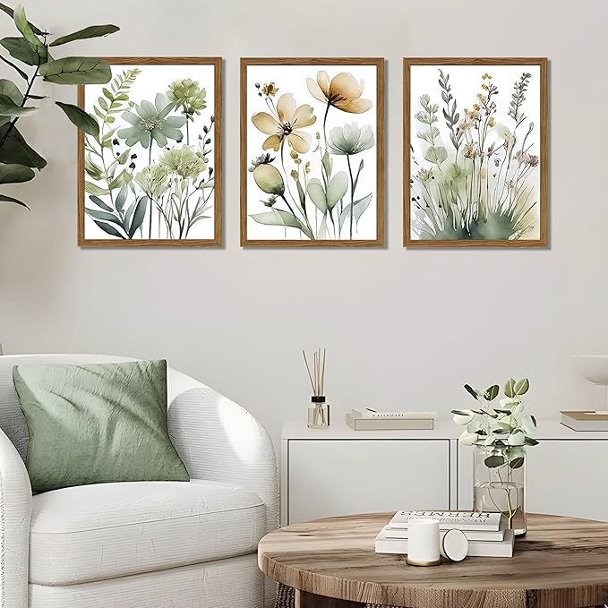 Wood Framed Sage Green Botanical Wall Art Set of 3, Boho Floral Canvas Wall - Image 6
