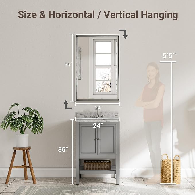 Silver Bathroom Mirror, 24x36 Inch Beveled Vanity Mirror - Image 2