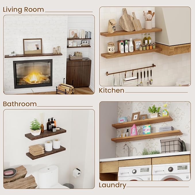 Floating Shelves for Wall Decor, 8 Inch Deep Rustic Solid Elm Wood Floating - Image 7