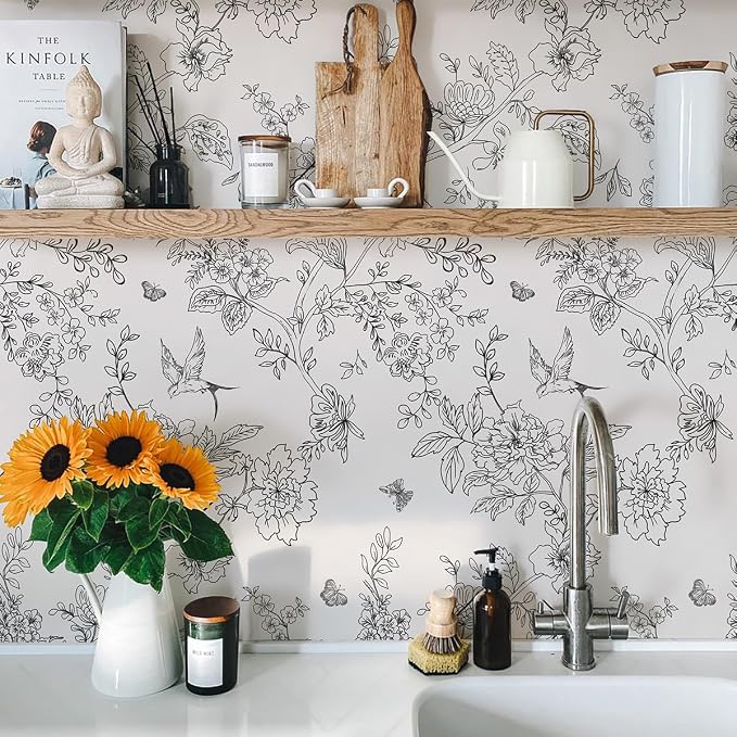 Froluya Black and Cream White Floral Wallpaper Peel and Stick Wallpaper - Image 3