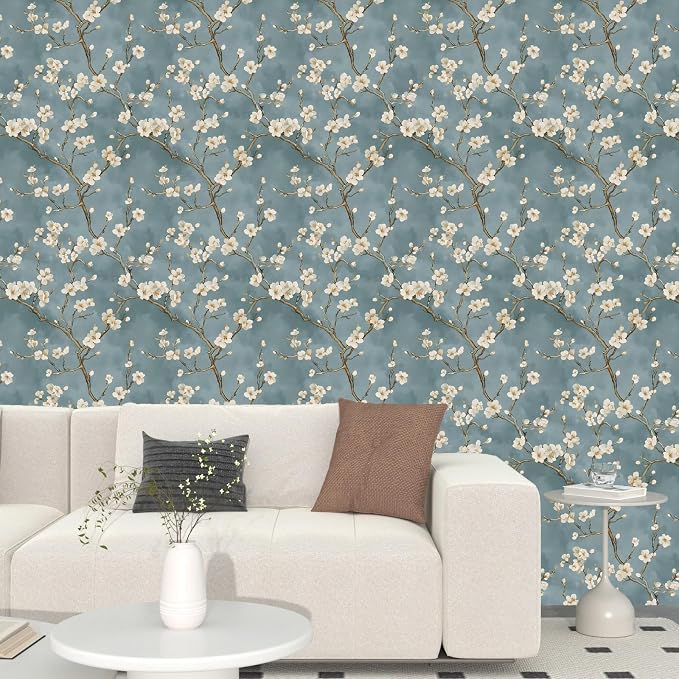 Blue Floral Wallpaper Peel and Stick Vintage White Flowers Contact Paper Vinyl - Image 8