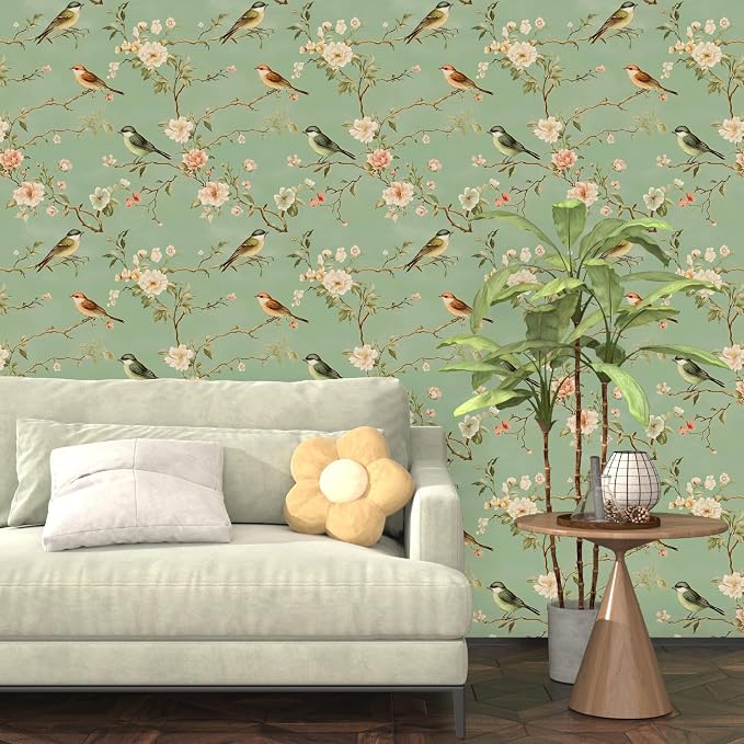Laatse Green Floral Wallpaper Peel and Stick Bird Wallpaper Pink Flower Contact - Image 2