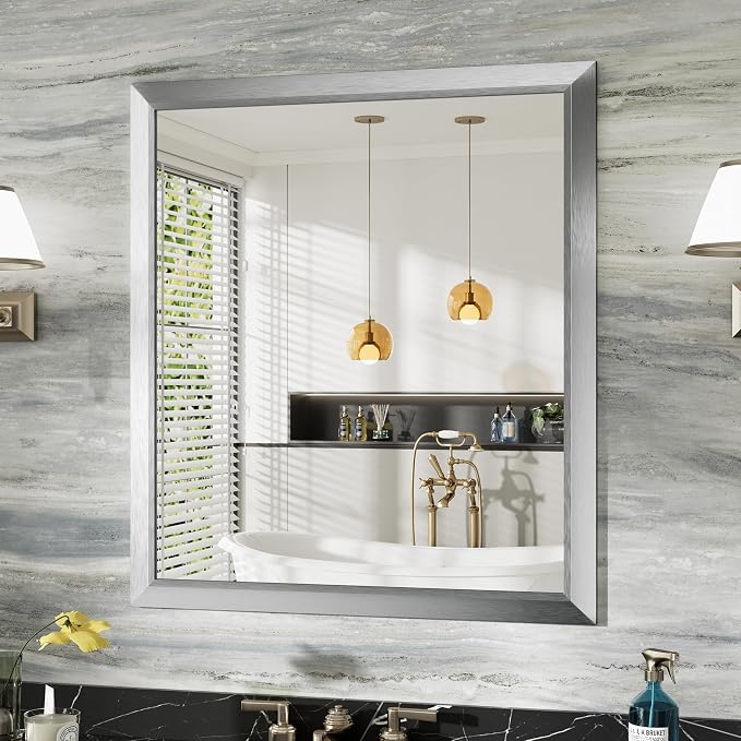 36x32 Inch Brushed Silver Bathroom Mirror by Briivuemodernmirrors