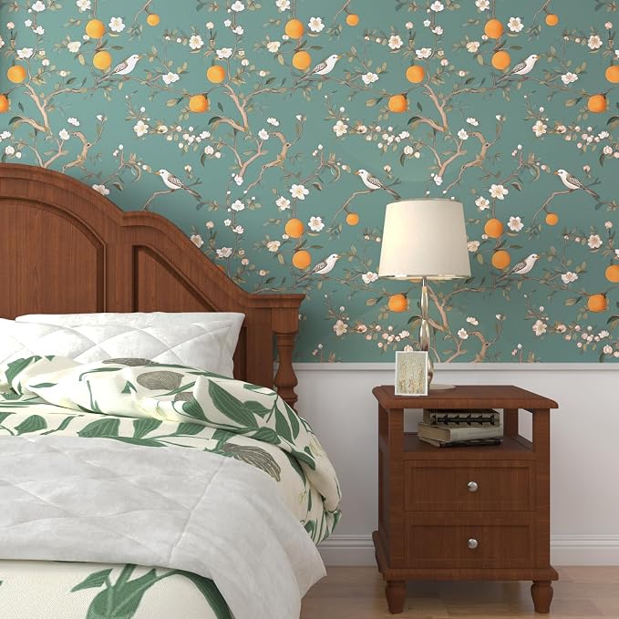 Green Floral Wallpaper Peel and Stick, Birds & Orange Fruits Contact Paper - Image 8