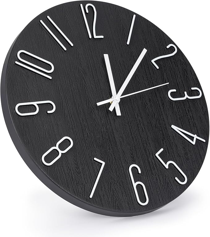 Wall Clock 12 Inch Silent Non-Ticking Imitation Wood Indoor Clock Round Black - Image 2