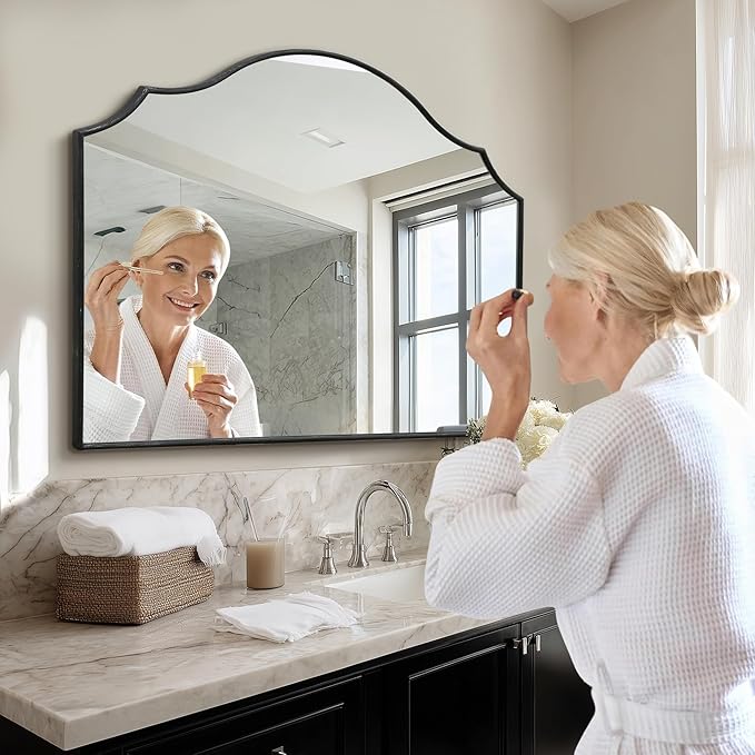 Besdomus Black Scalloped Wall Mirror: 40"x29" Large Modern Wooden Arched - Image 4