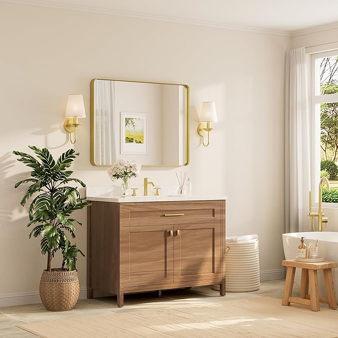TETOTE 40 x 30 Inch Gold Bathroom Mirror, Brushed Brass Metal Frame Mirror - Image 2