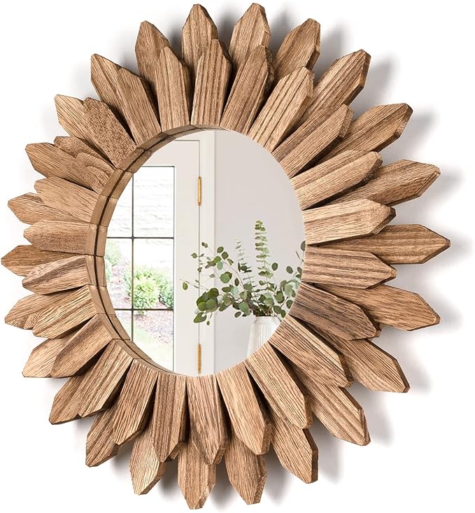 Honiway Wall Mirror Decorative 12 inch Rustic Wood Mirror Sunburst Boho Mirror by Honiway