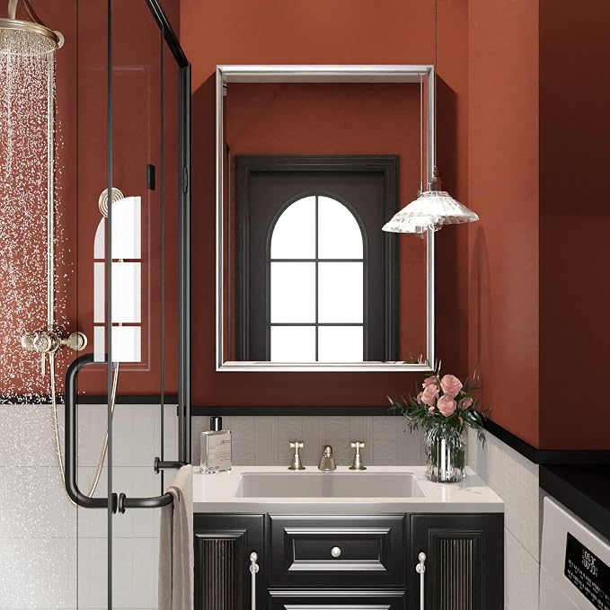 Silver Bathroom Mirror, 22x30 Inch Beveled Rectangle Wall Mounted Mirror - Image 6