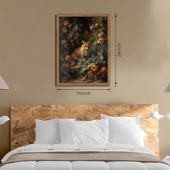 Framed Dark Academia Fox Canvas Wall Art, Sitting Fox Surrounded by Flowers - Image 3