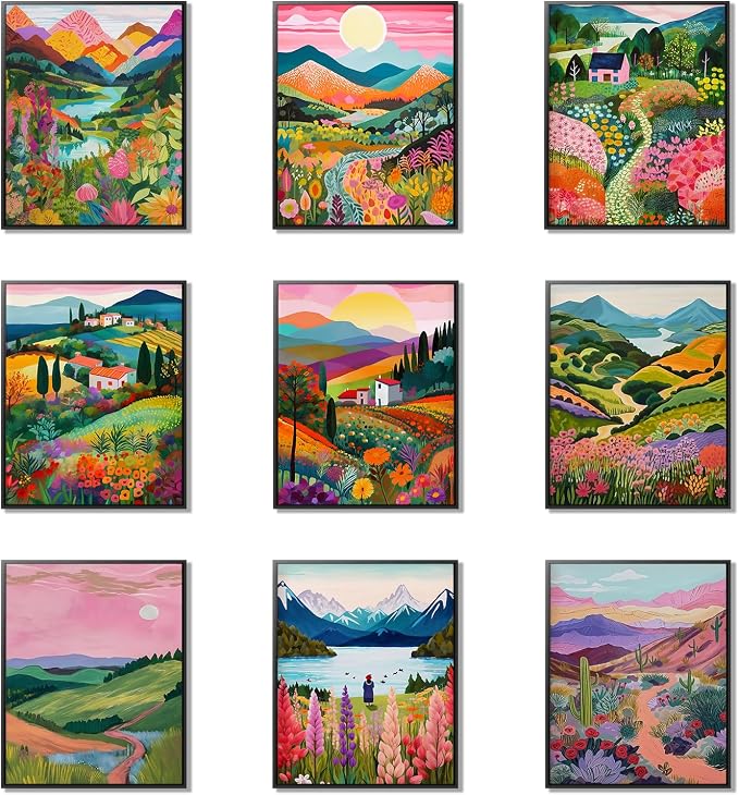 Plant Floral Landscape Wall Art Set of 9, Colorful Abstract Nature Landscape by Unknown