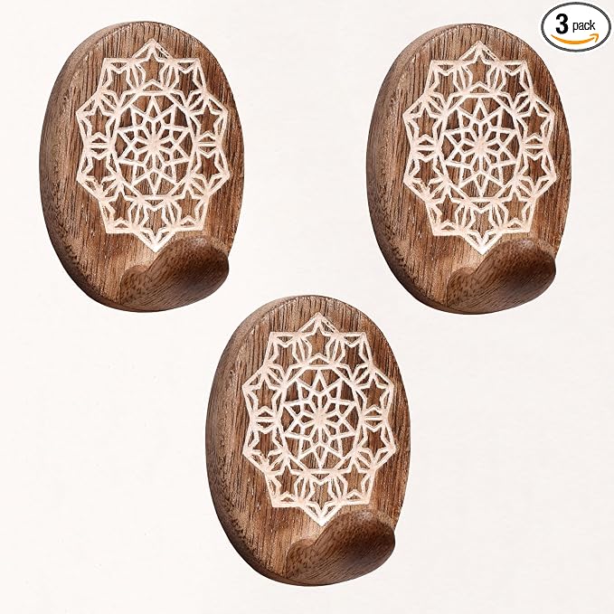 Indian Shelf 6 Lb- 3 Pieces Decorative Wood Adhesive Wall Hooks–Boho Peel and by IndianShelf