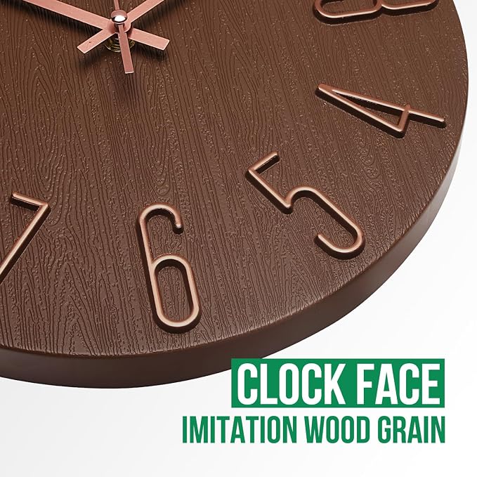 Wall Clock 12 Inch Silent Non-Ticking Imitation Wood Indoor Clock Round Brown - Image 5