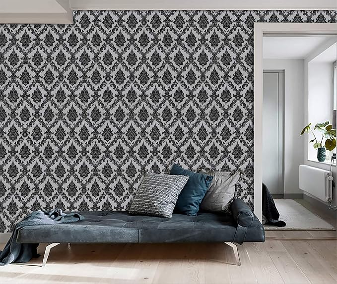 17.7" x 394" Black Peel and Stick Wallpaper Black Vintage Wall Paper - Image 5
