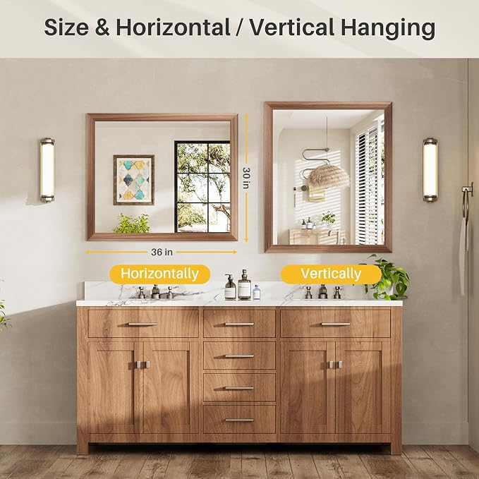 36x30 Inch Bathroom Mirror for Wall, Anti-Rust Walnut Wood Grain Metal Framed - Image 7
