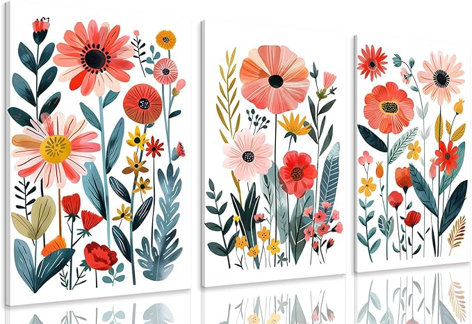 KISSFOX Framed Colorful Wildflower Canvas Wall Art Set Of 3 Flowers Pictures by KISSFOX