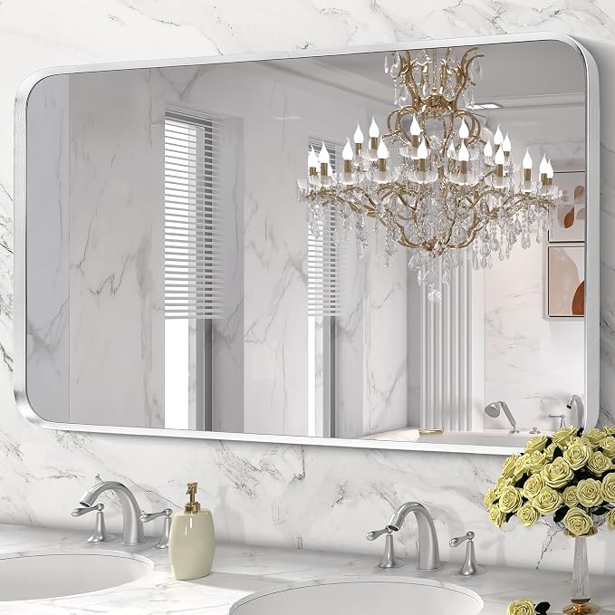 Brushed Nickel Bathroom Wall Mirror, Tempered Glass, Shatter Proof, Hangs - Image 4