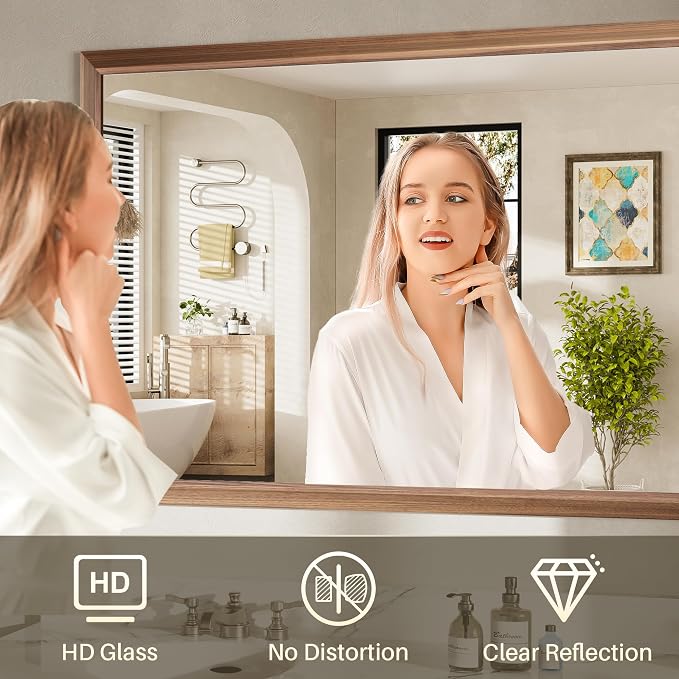 55x36 Inch Bathroom Mirror for Wall, Anti-Rust Walnut Wood Grain Metal Framed - Image 6