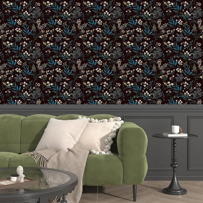 Laatse Vintage Green Wallpaper Peel and Stick Dark Floral Wallpaper 17.5'' x - Image 8
