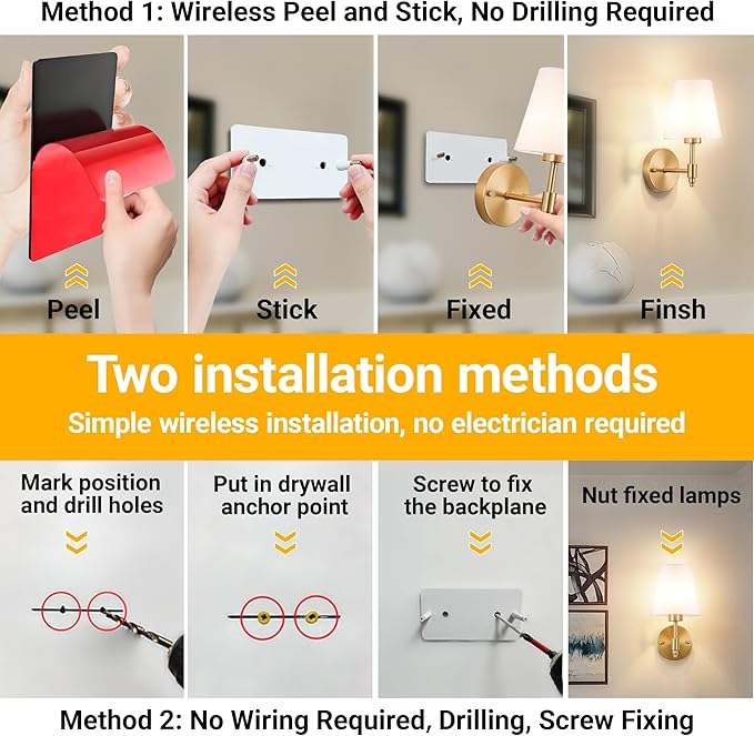 Vimhou Peel and Stick Wall Sconces, Stick On Wall Sconce Set of 2, Battery - Image 3