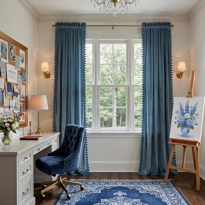 NICETOWN Slate Blue Velvet Curtains 84 Inch Length – Pom Pom Room Darkening - Image 3