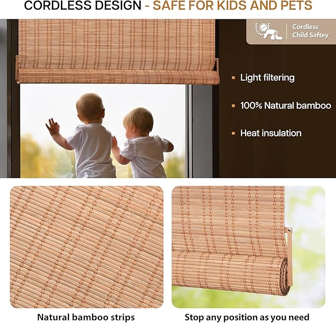 LazBlinds No Tools No Drill Bamboo Roller Shades, Cordless Bamboo Blinds - Image 3