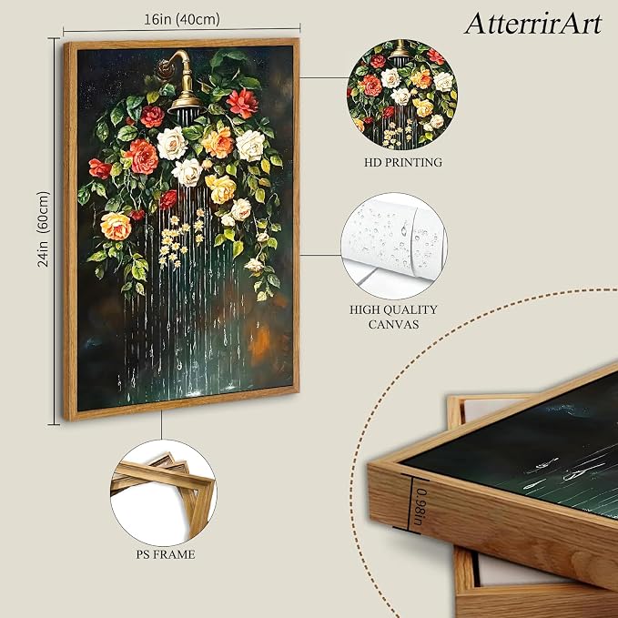AtterrirArt Framed Vintage Bathroom Wall Art, Moody Roses Botanical Canvas - Image 4