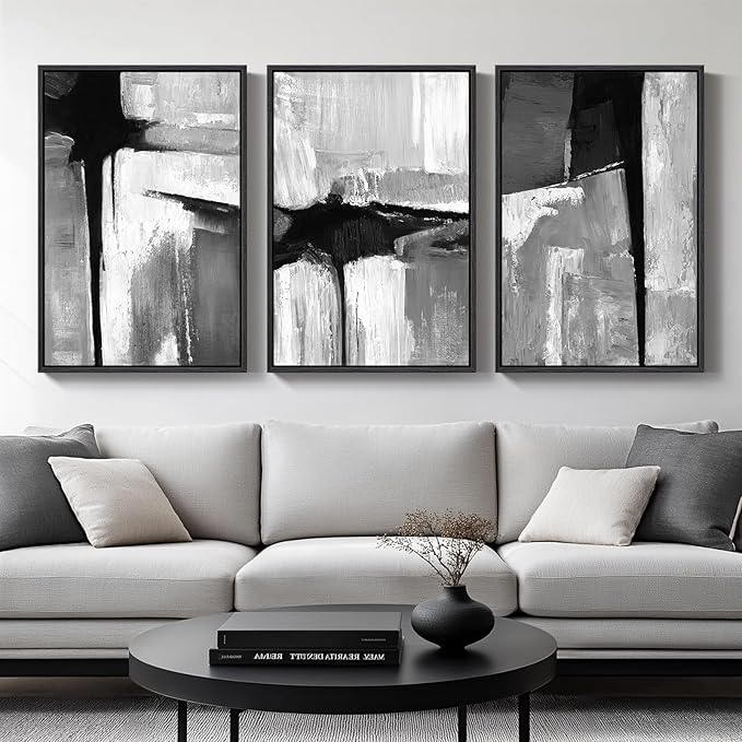 Large Framed Black and White Gray Abstract Wall Art by Cuspin