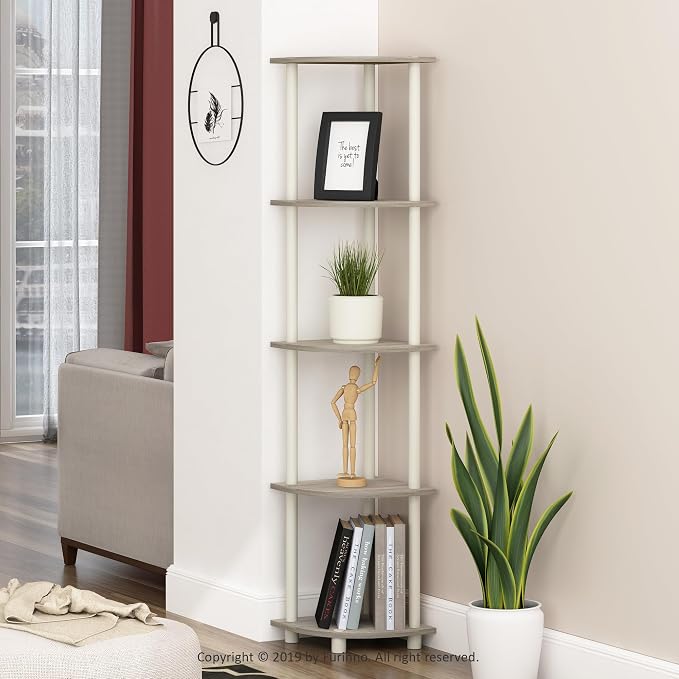 Furinno TURN-N-TUBE Corner Shelf, 5-Tier Corner Bookshelf, Open Storage Shelves - Image 2
