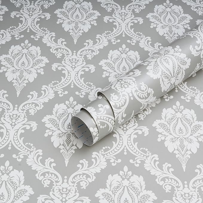 Peel and Stick Wallpaper Grey and White Damask Wallpaper by Micpolo
