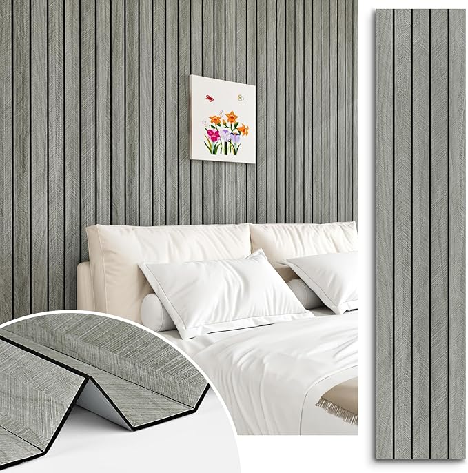 Grey Wood Grain Slat Panels for Interior Wall Decor 197"x23.6" Peel and Stick by STICKEEP