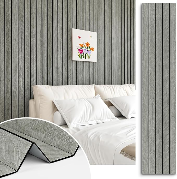 Grey Wood Wall Slat Panels Peel and Stick 3D Fluted Wood Panels by STICKEEP