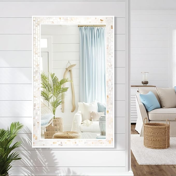 Tanmicoshomy 24 x 47 Inch White Rectangle Wall Mirror, Natual Shell Framed - Image 5