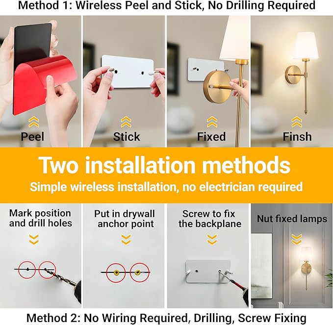 Vimhou Peel and Stick Wall Sconces, Stick On Wall Sconce Set of 2, Battery - Image 3