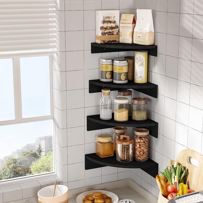Alsonerbay Black Corner Wall Shelf, Floating Shelves Wall Mount Set of 4 - Image 4